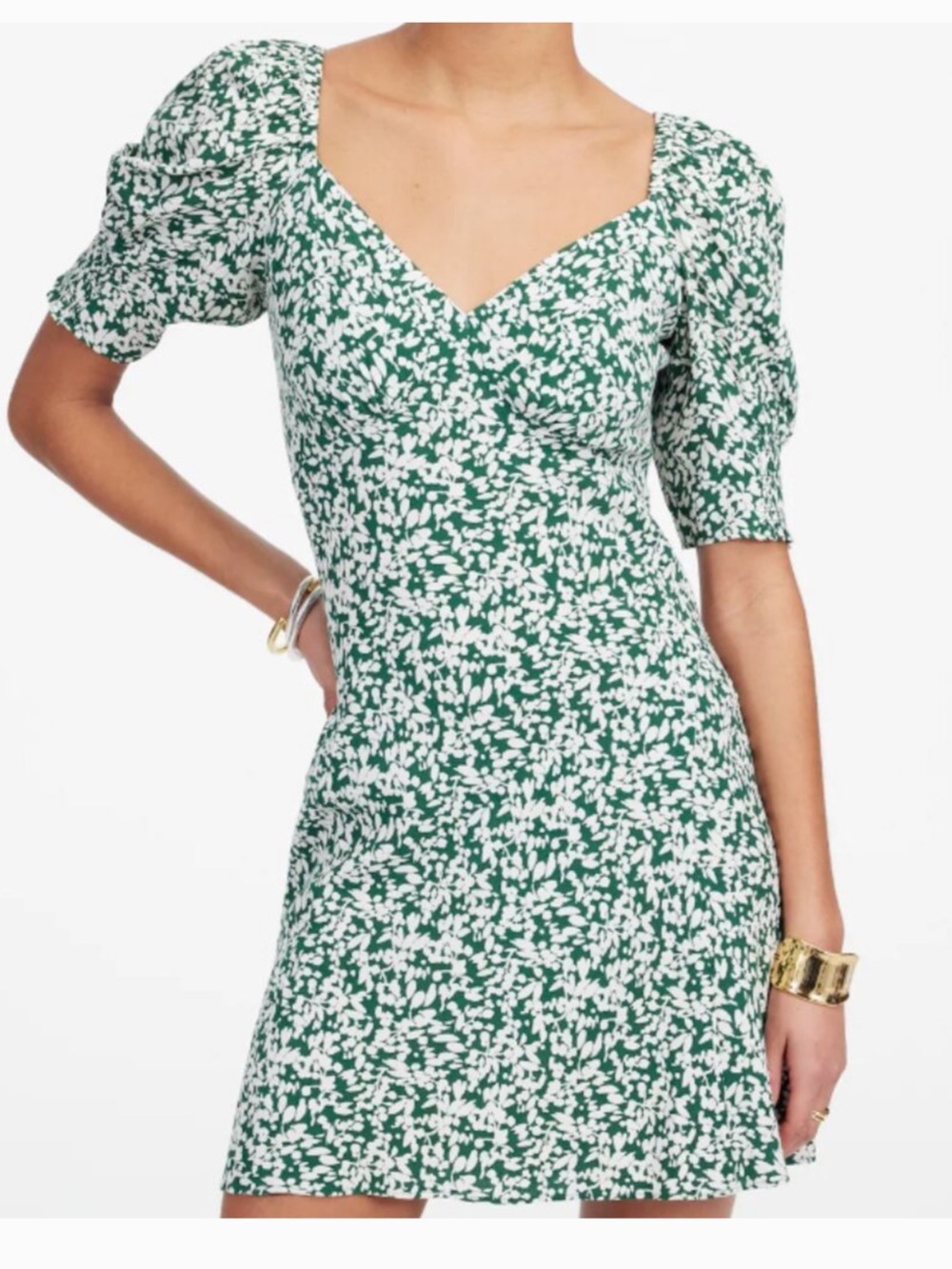 NWT Madewell Green and White Floral Seamed V-Neck Mini Dress - Size 6